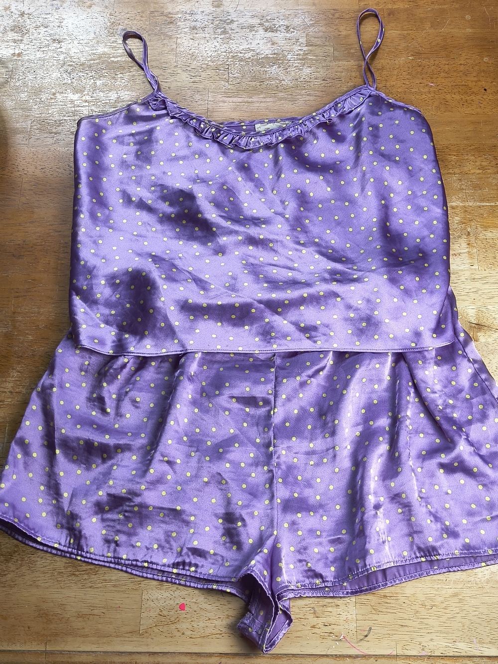 Vintage Angelique 90s purple and yellow polka dot satin pajama sleep set